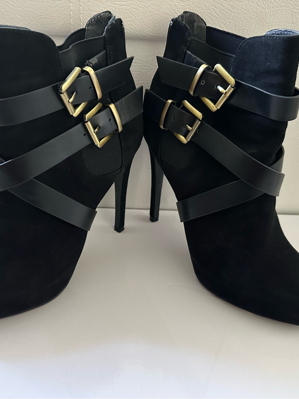 Charles By Charles David Black Suede Ankle Booties with Gold Buckle Straps